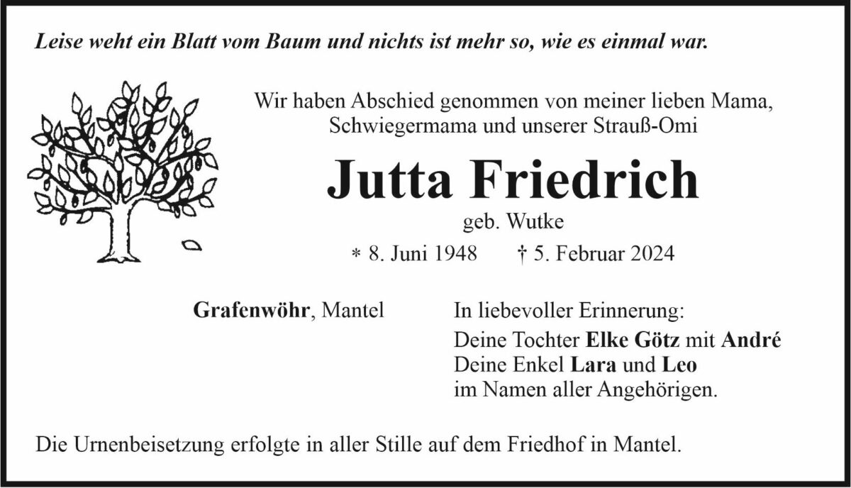 Traueranzeige Jutta Friedrich, Grafenwöhr