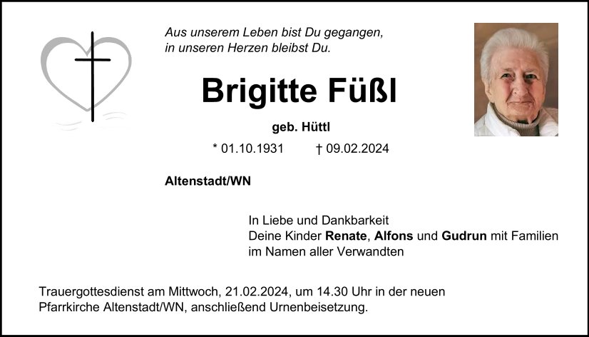 Traueranzeige Brigitte Füßl, Altenstadt/WN