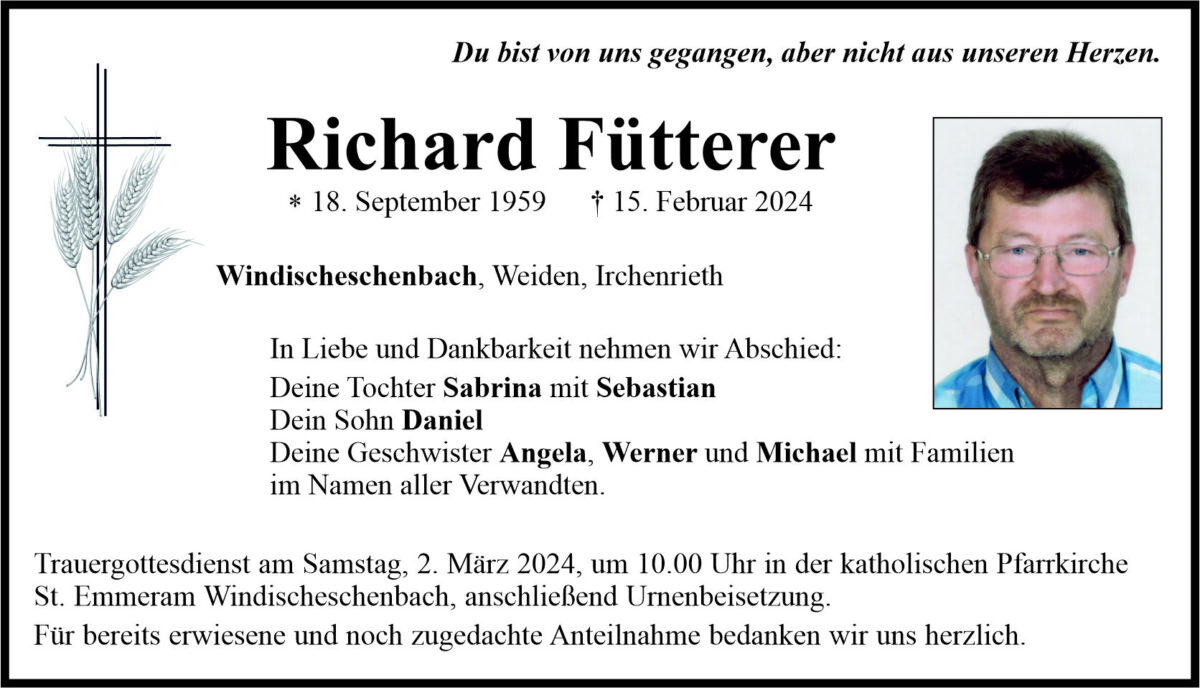 Traueranzeige Richard Fütterer, Windischeschenbach