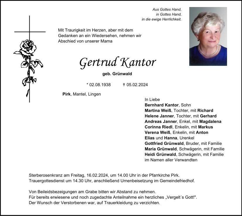 Traueranzeige Gertrud Kantor, Pirk