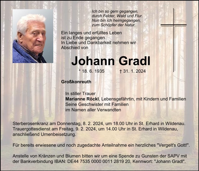Traueranzeige Johann Gradl, Großkonreuth
