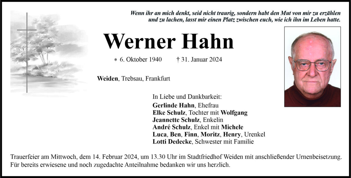 Traueranzeige Werner Hahn, Weiden