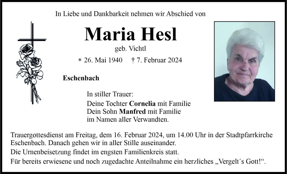 Traueranzeige Maria Hesl, Eschenbach