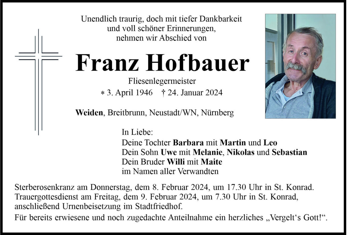 Traueranzeige Franz Hofbauer, Weiden