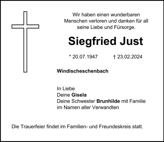 Traueranzeige Siegfried Just, Windischeschenbach