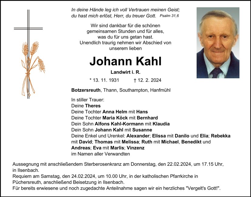Traueranzeige Johann Kahl, Botzersreuth