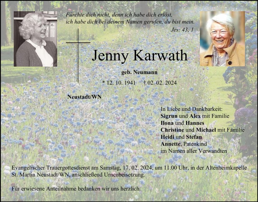 Traueranzeige Jenny Karwath, Neustadt/WN