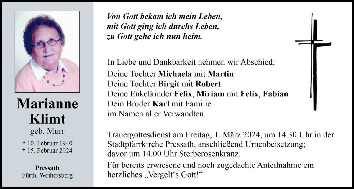 Traueranzeige Marianne Klimt, Pressath