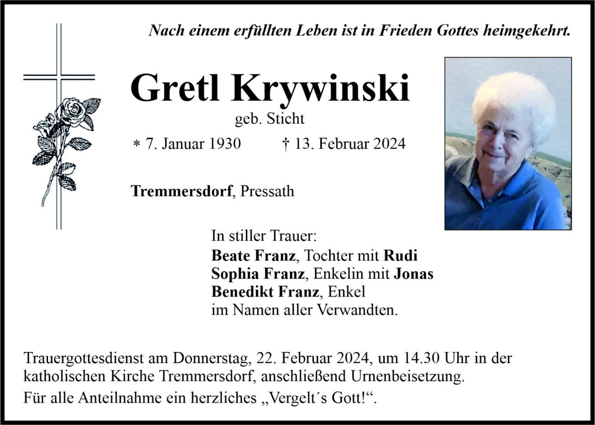 Traueranzeige Gretl Krywinski, Tremmersdorf