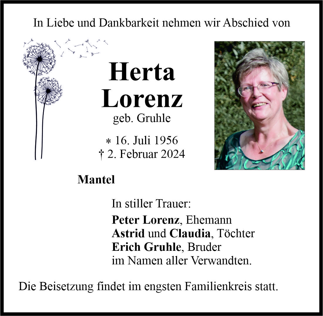 Traueranzeige Herta Lorenz, Mantel