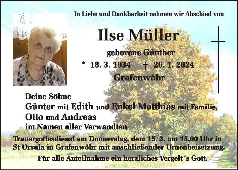 Traueranzeige Ilse Müller, Grafenwöhr