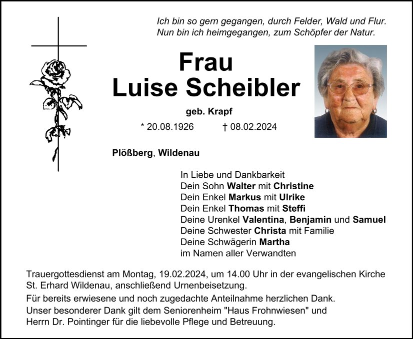 Traueranzeige Luise Scheibler, Plößberg