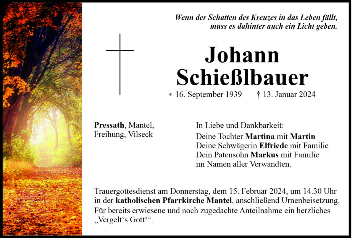 Traueranzeige Johann Schießlbauer, Pressath
