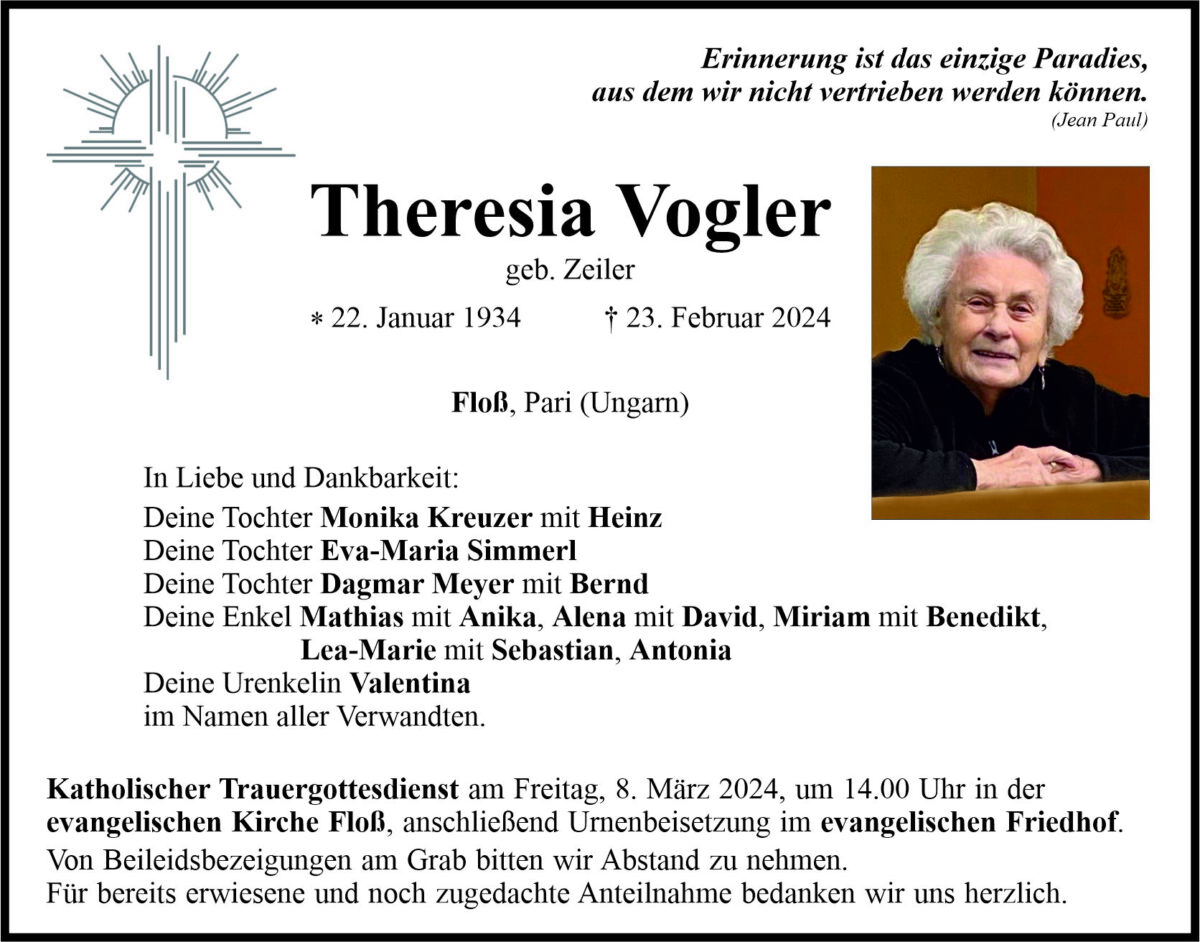 Traueranzeige Theresia Vogler, Floß