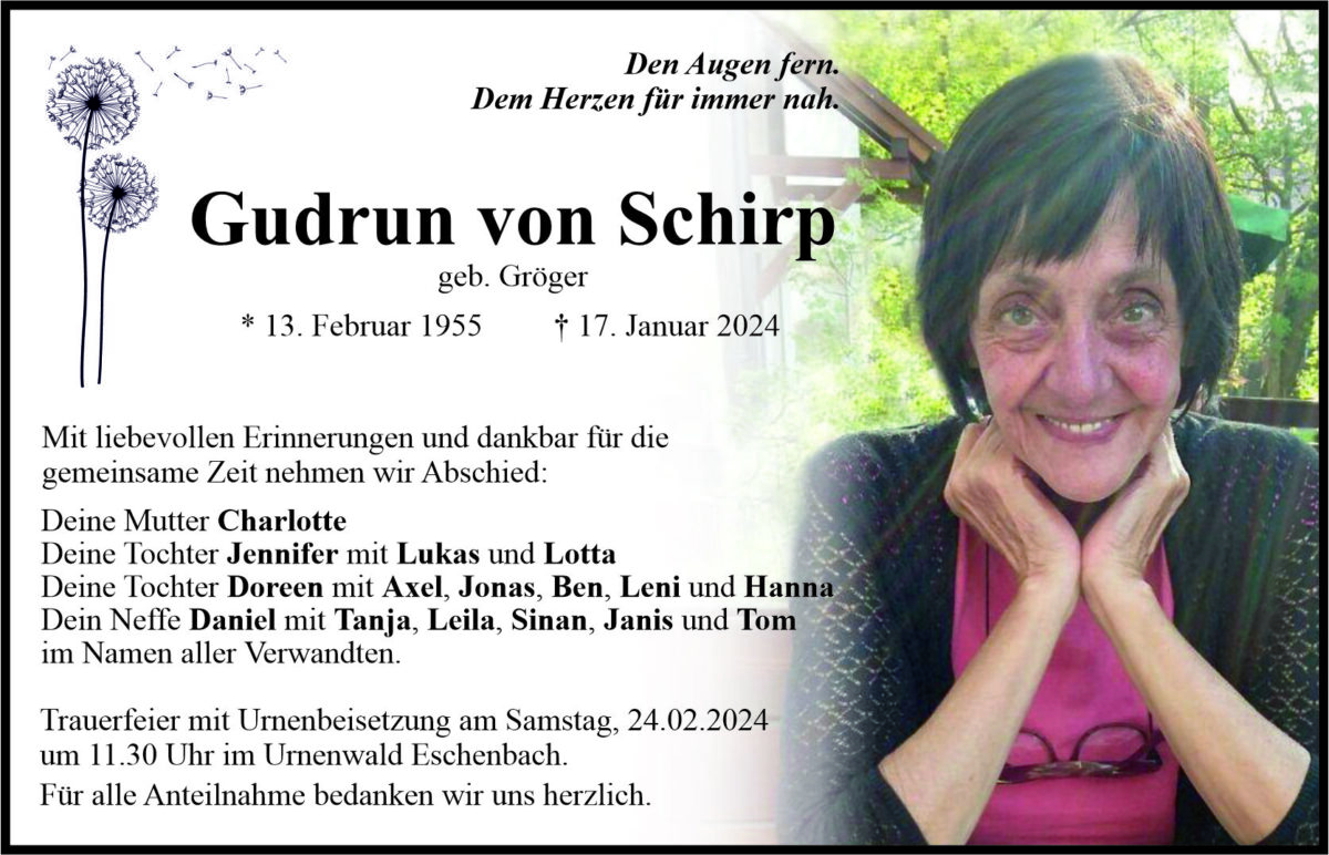 Traueranzeige Gudrun von Schirp, Eschenbach