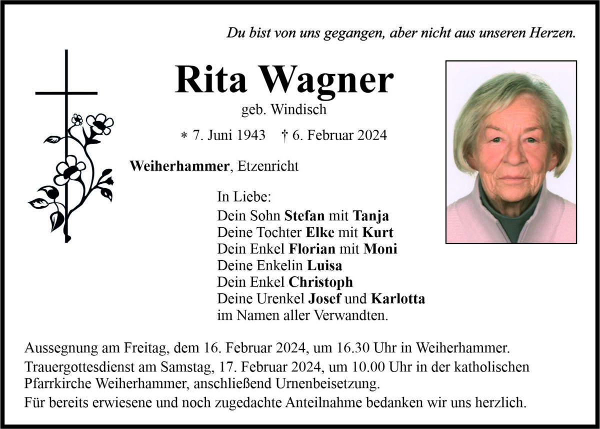 Traueranzeige Rita Wagner, Weiherhammer