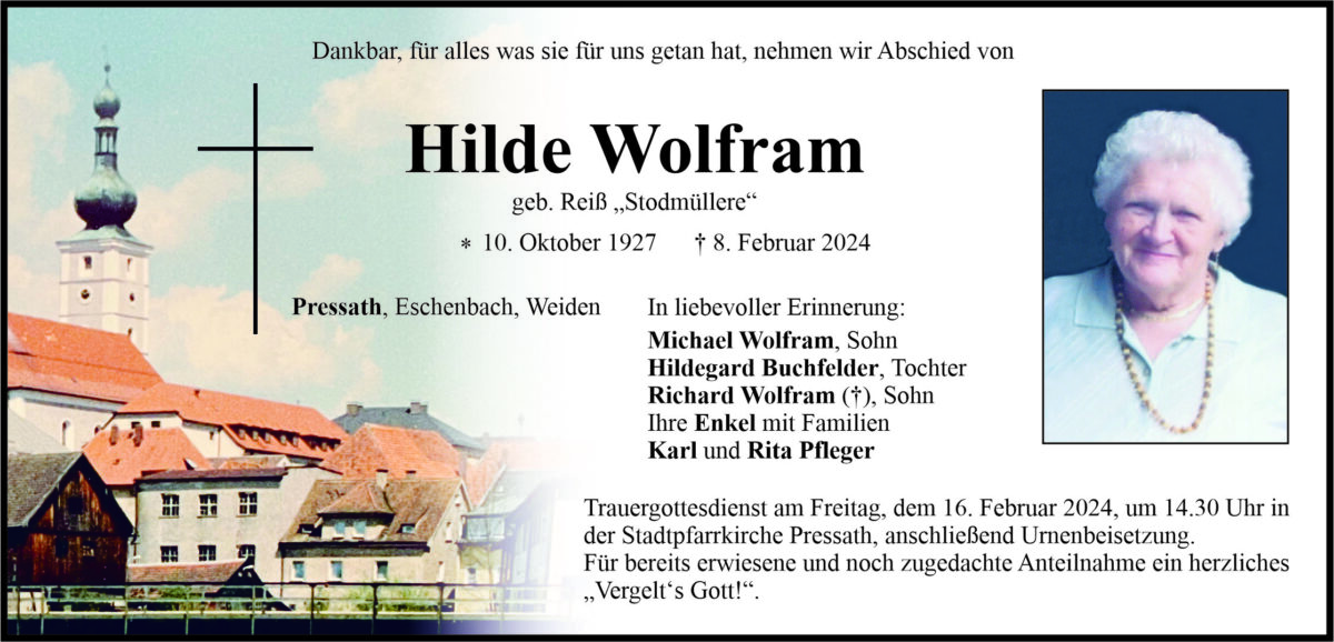 Traueranzeige Hilde Wolfram, Pressath
