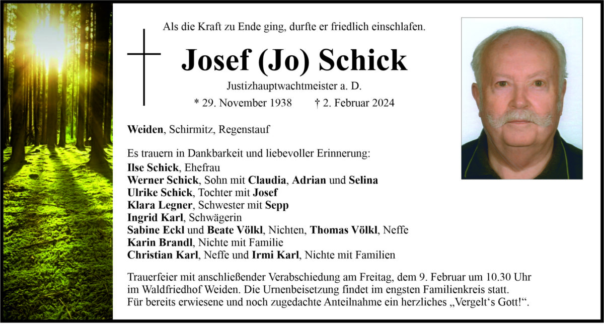 Traueranzeige Josef Schick, Weiden