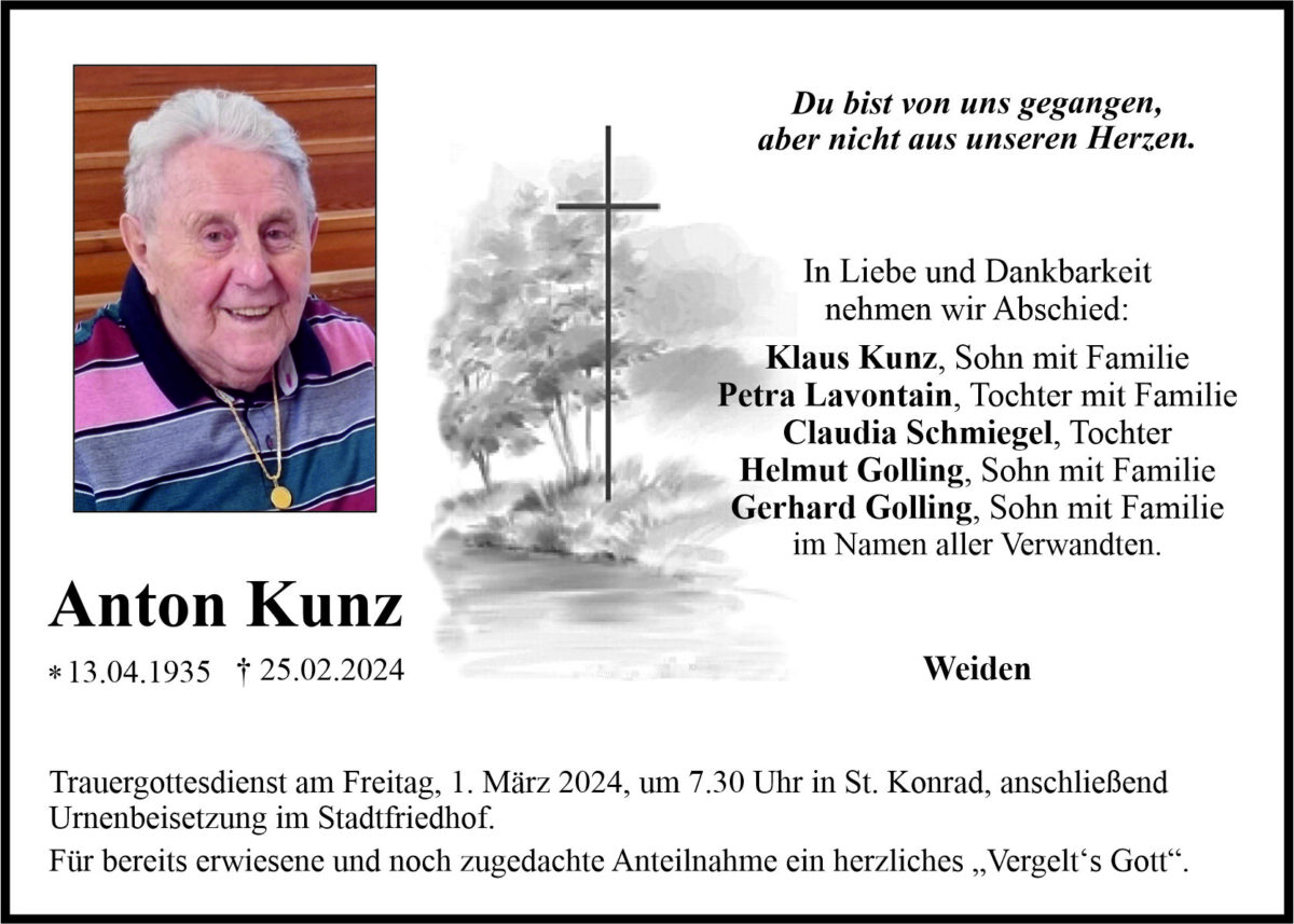 Traueranzeige Anton Kunz, Weiden