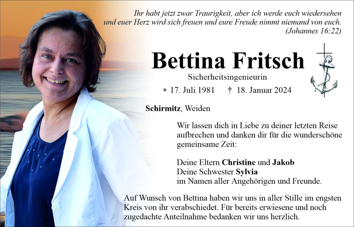 Traueranzeige Bettina Fritsch, Schirmitz