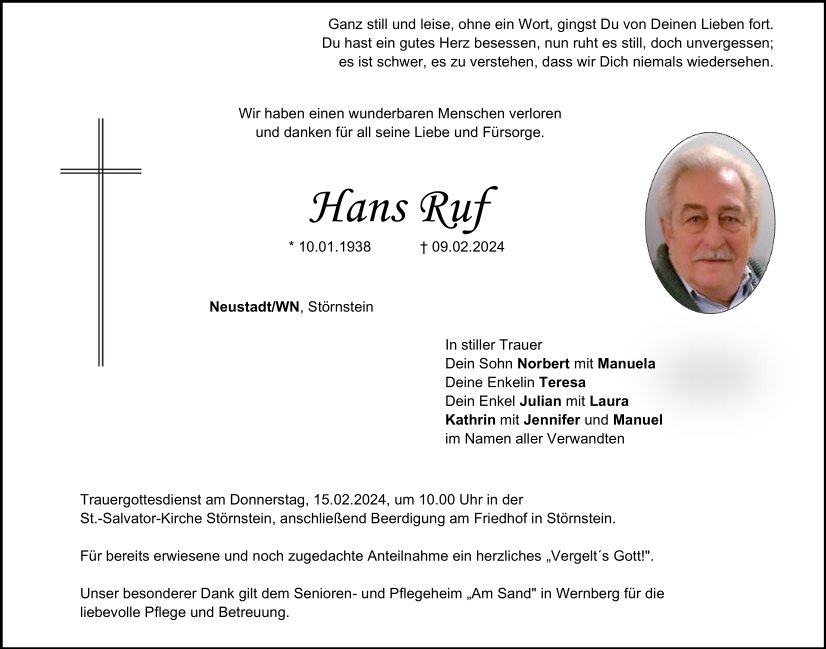 Traueranzeige Hans Ruf, Neustadt/WN