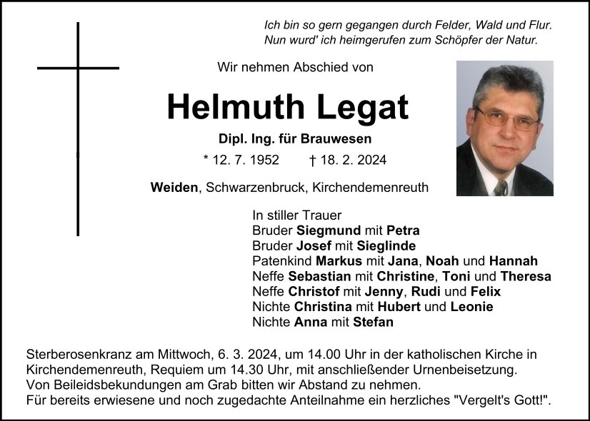 Traueranzeige Helmuth Legat, Weiden