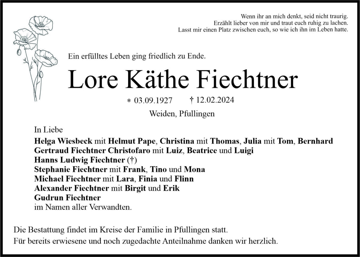 Traueranzeige Lore Käthe Fiechtner, Weiden