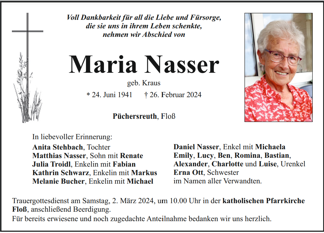 Traueranzeige Maria Nasser, Püchersreuth