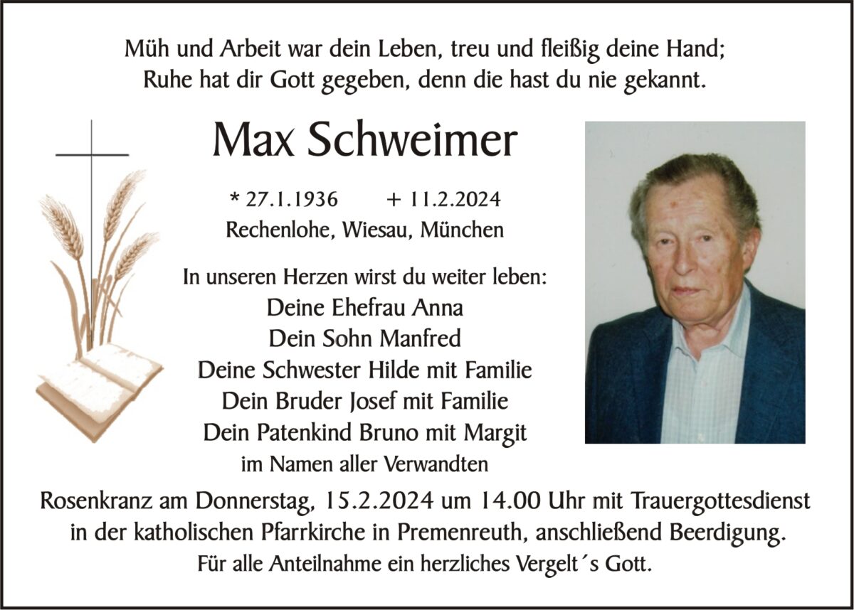 Traueranzeige Max Schweimer, Rechenlohe