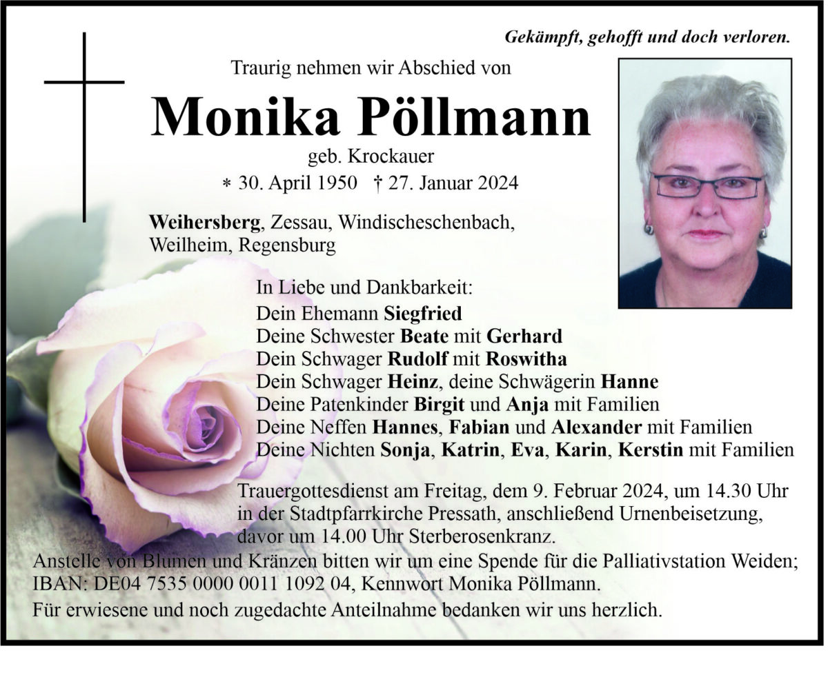 Traueranzeige Monika Pöllmann, Windischeschenbach
