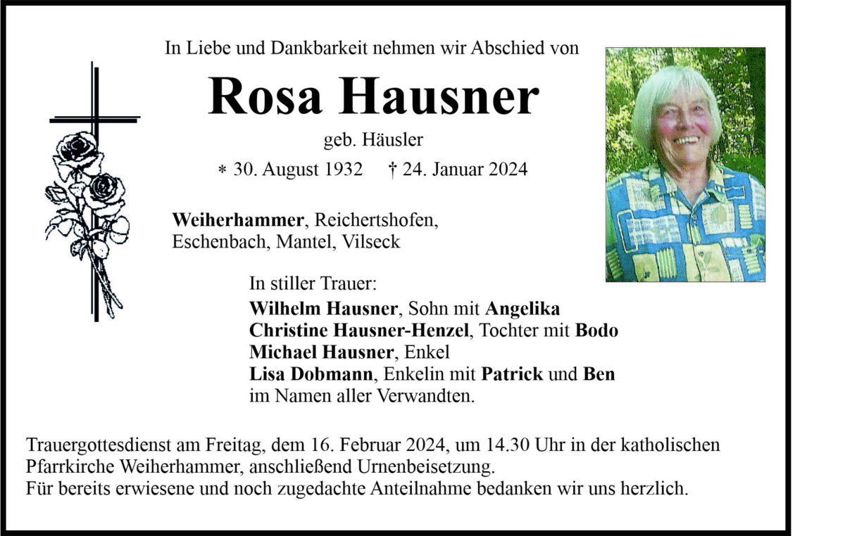Traueranzeige Rosa Hausner, Weiherhammer