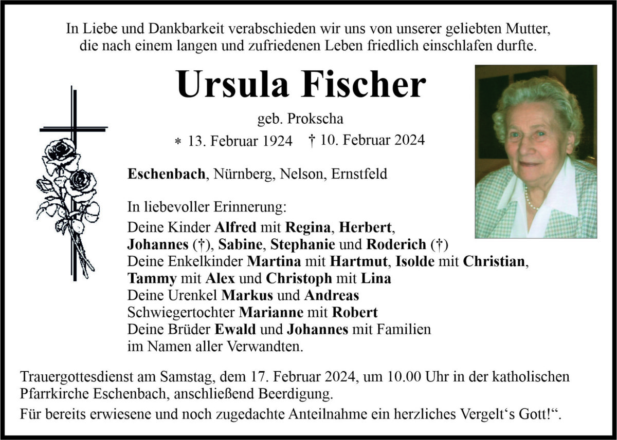Traueranzeige Ursula Fischer, Eschenbach