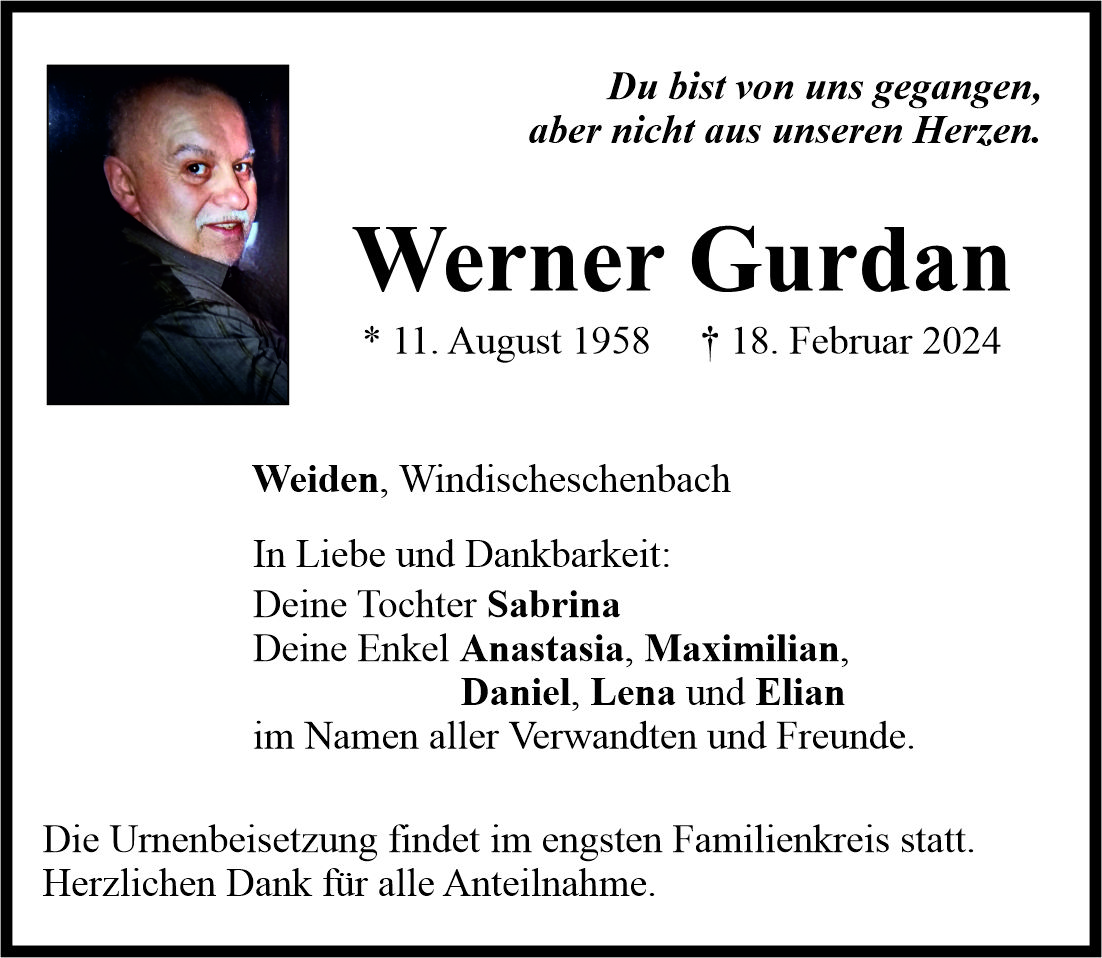 Traueranzeige Werner Gurdan, Weiden