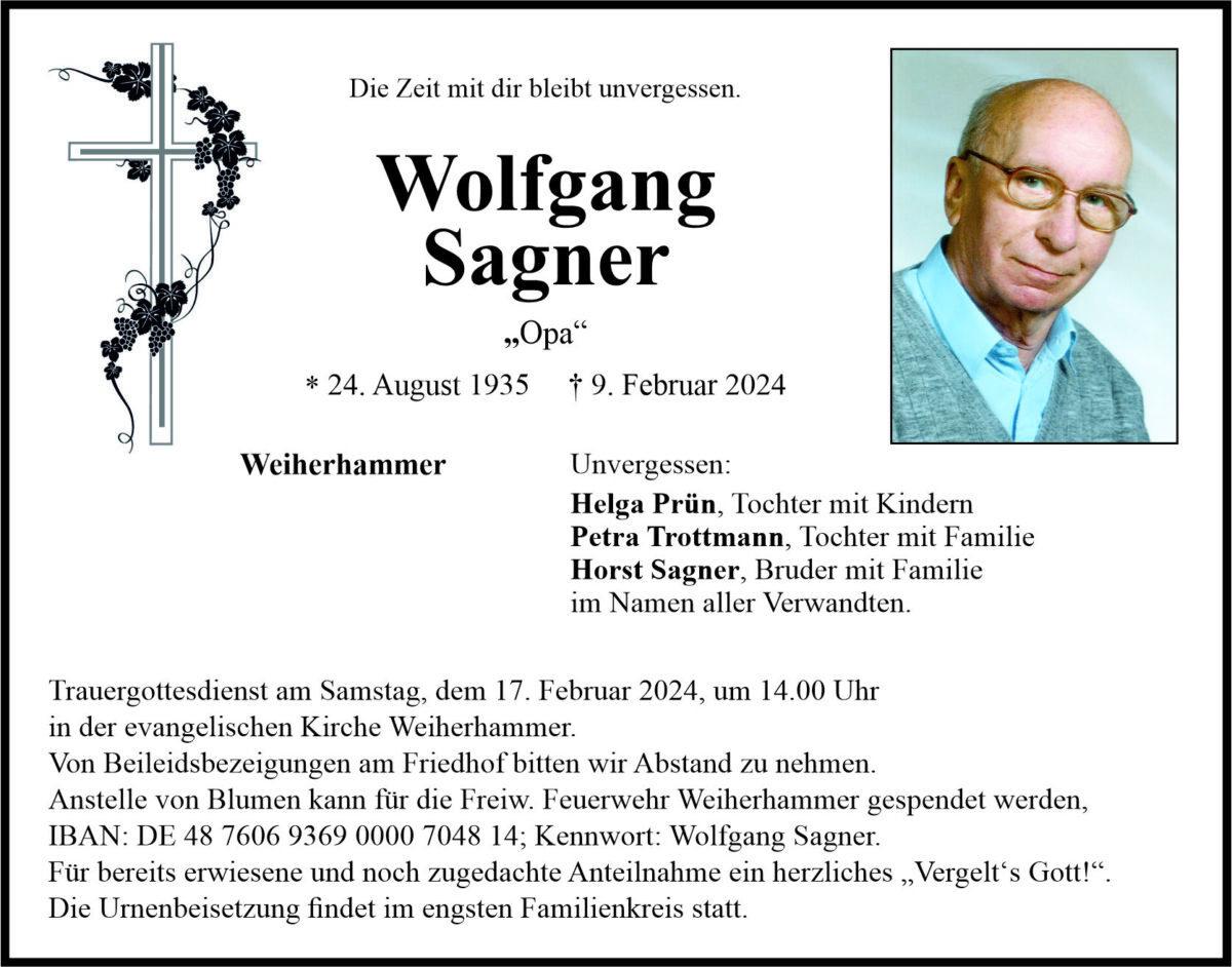 Traueranzeige Wolfgang Sagner, Weiherhammer