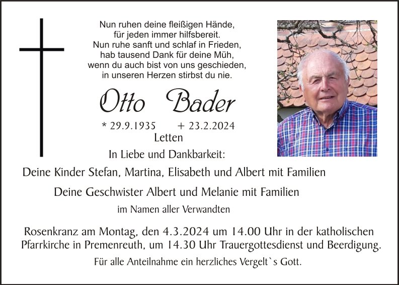 Traueranzeige Ottho Bader, Letten