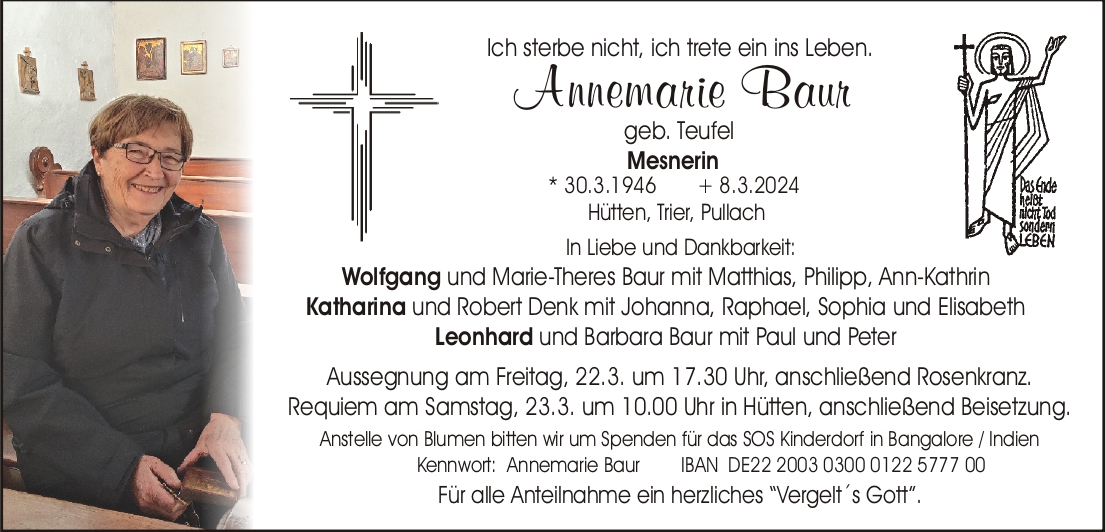 Traueranzeige Annemarie Baur, Hüttn