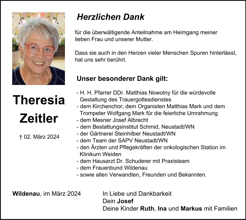 Danksagung Theresia Zeitler, Wildenau