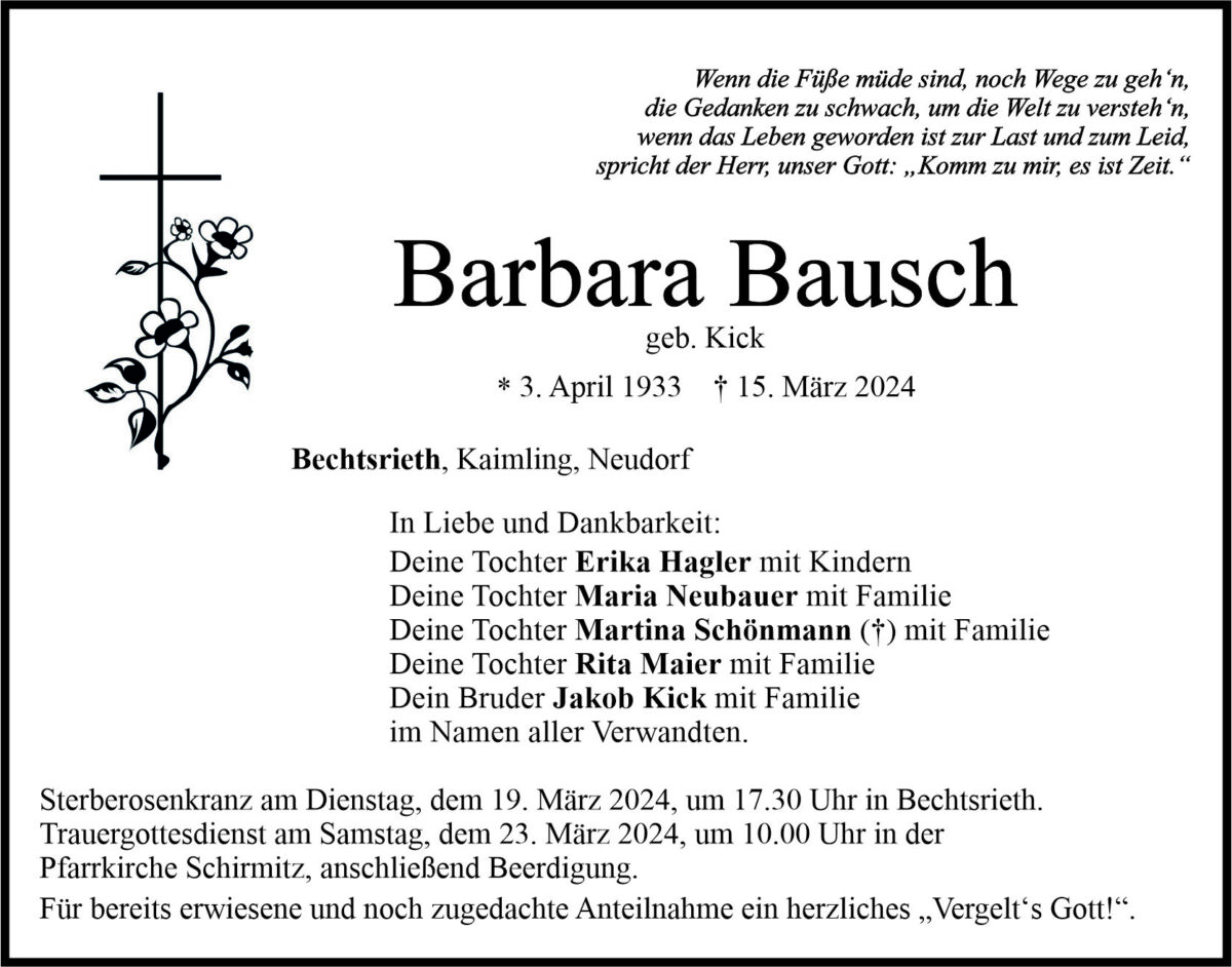 Traueranzeige Barbara Bausch, Bechtsrieth