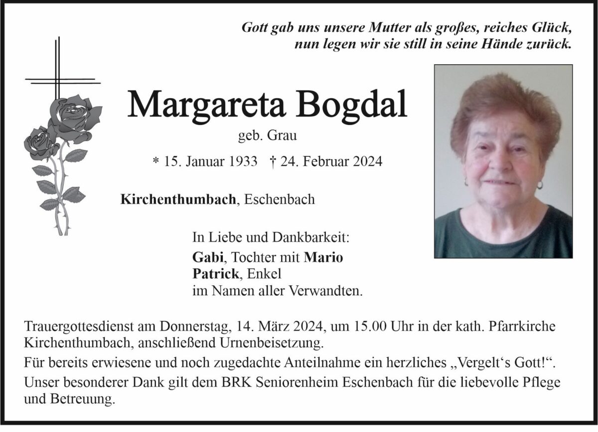 Traueranzeige Margareta Bogdal, Kirchenthumbach