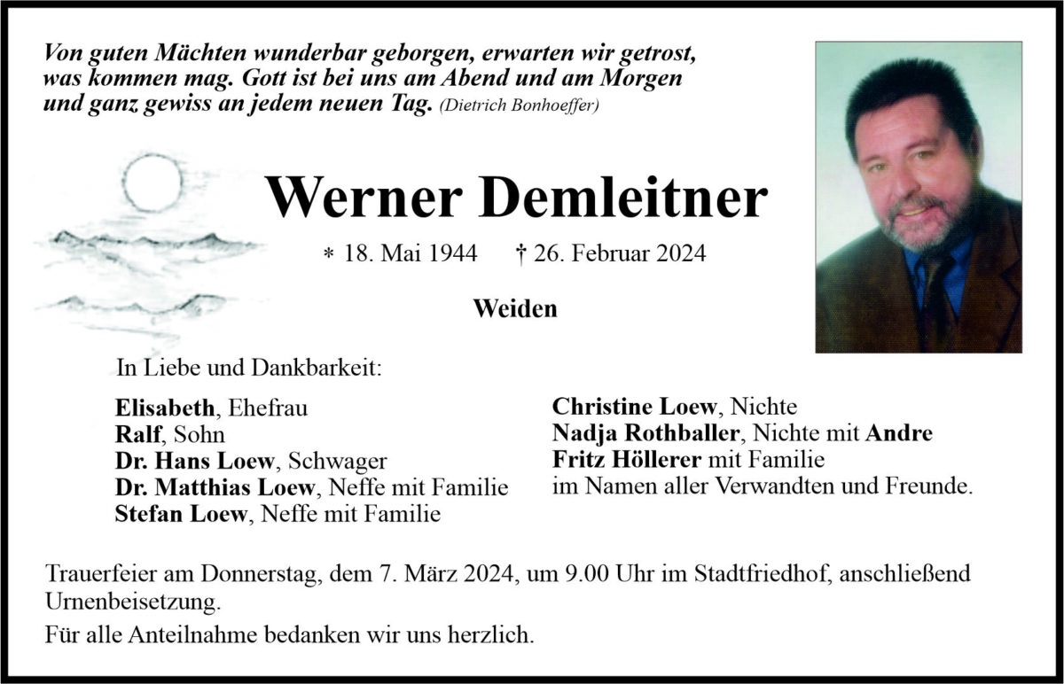 Traueranzeige Werner Demleiter, Weiden