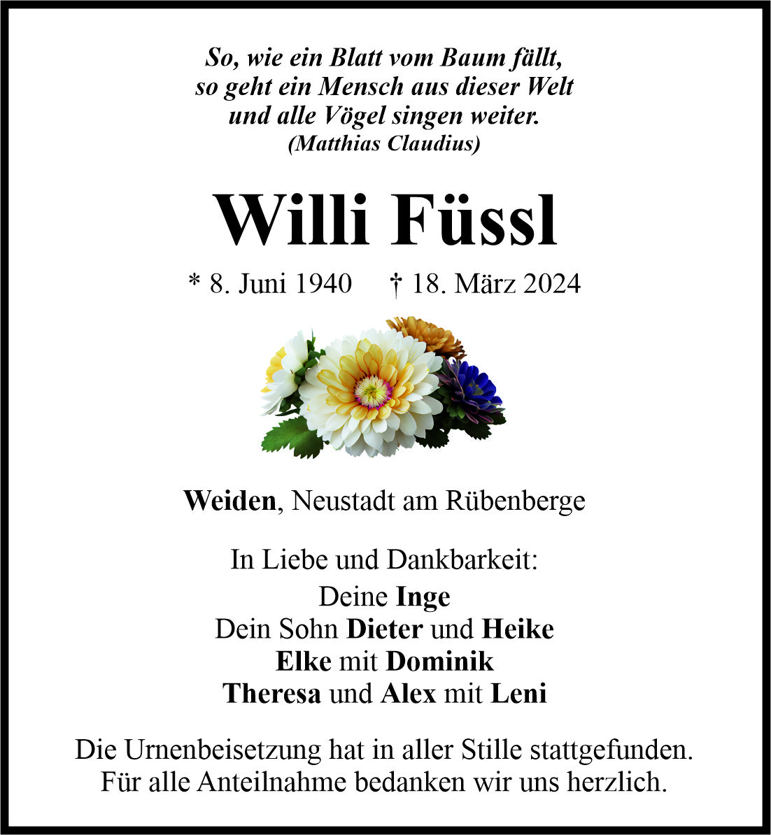 Traueranzeige Willi Füssl, Weiden