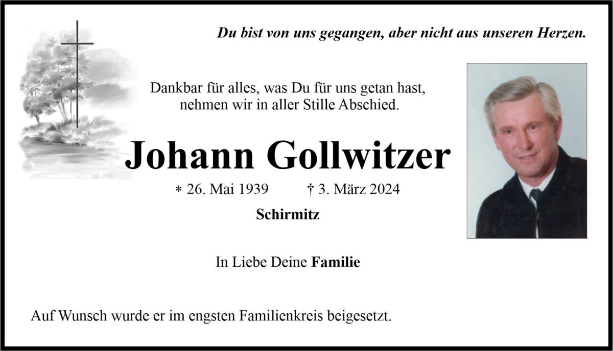 Traueranzeige Johann Gollwitzer, Schirmitz
