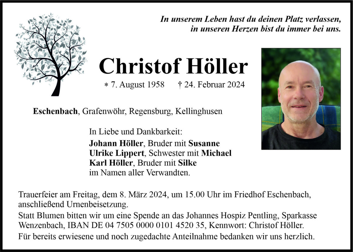Traueranzeige Christof Höller, Eschenbach