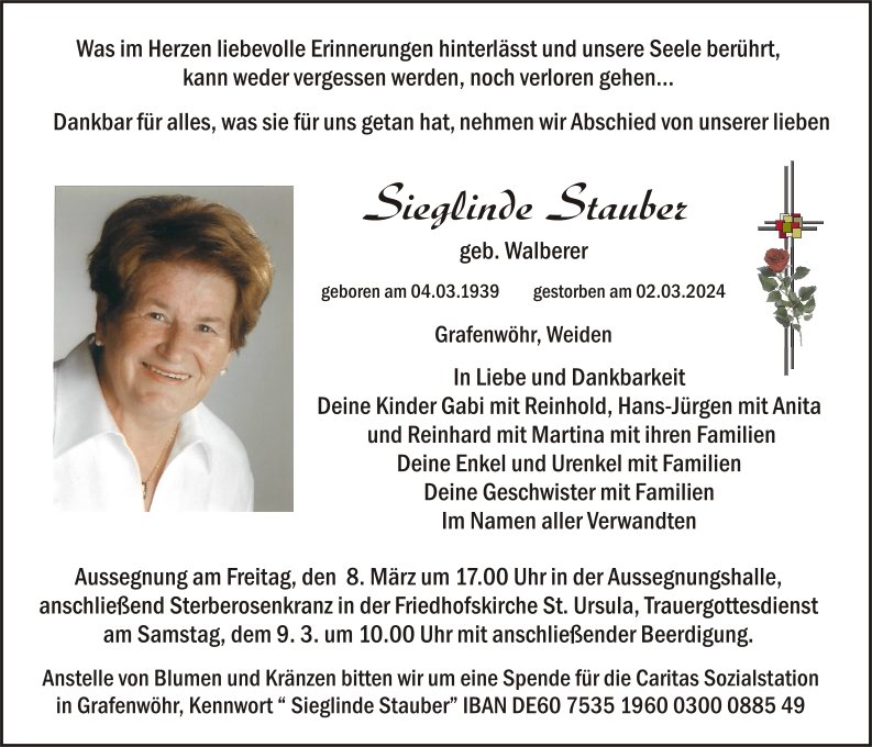 Traueranzeige Sieglinde Stauber, Grafenwöhr