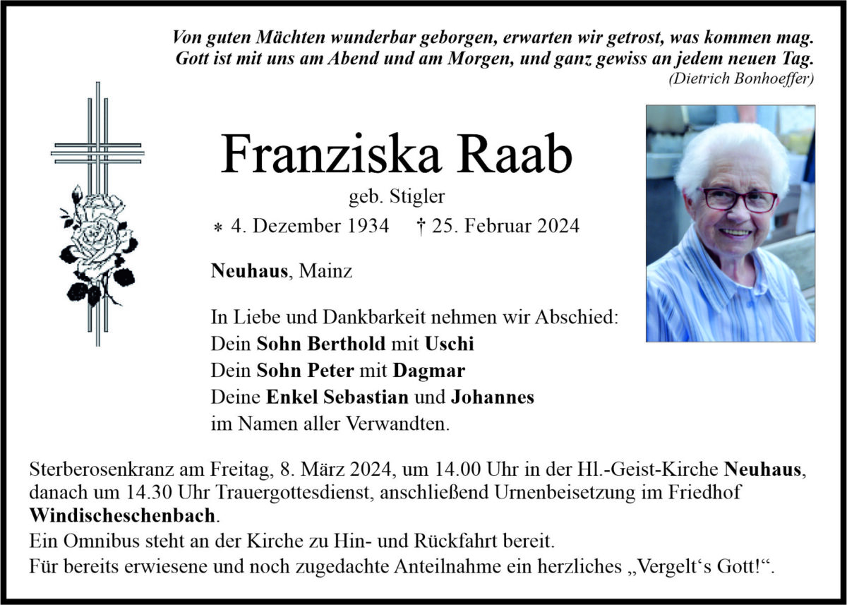 Traueranzeige Franziska Raab, Neuhaus