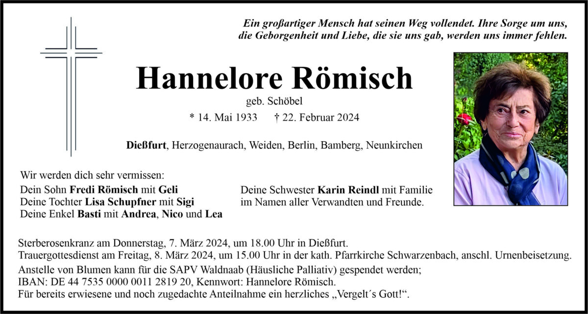 Traueranzeige Hannelore Römisch, Dießfurt