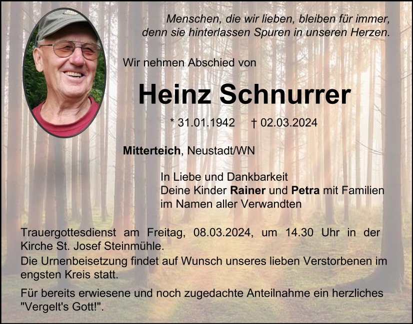 Traueranzeige Heinz Schnurrer, Mitterteich