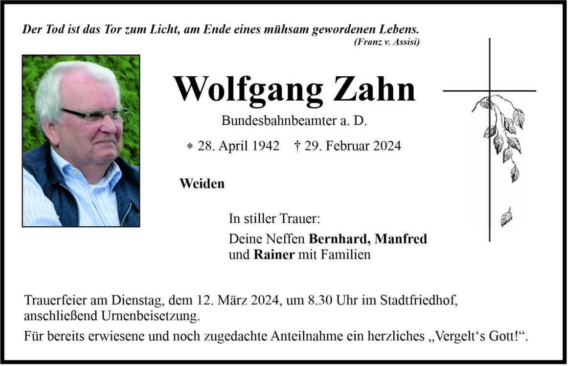 Traueranzeige Wolfgang Zahn, Weiden