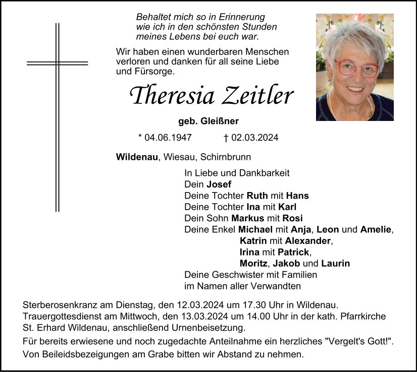 Traueranzeige Theresia Zeitler, Wildenau