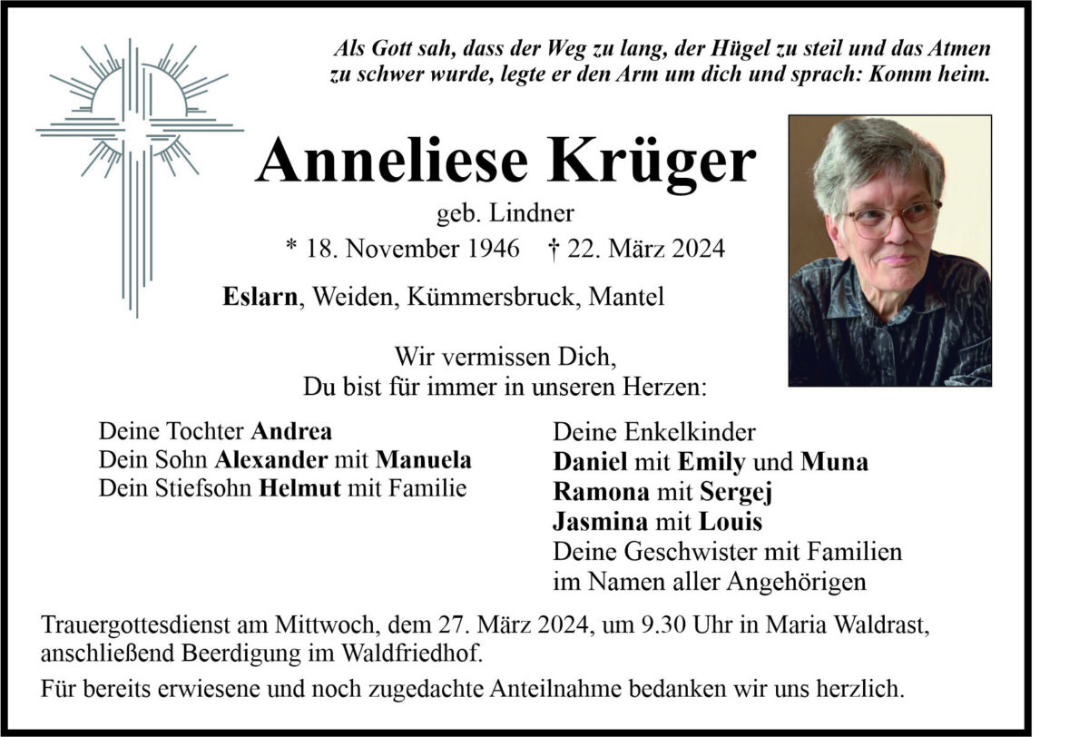 Traueranzeige Anneliese Krüger, Eslarn